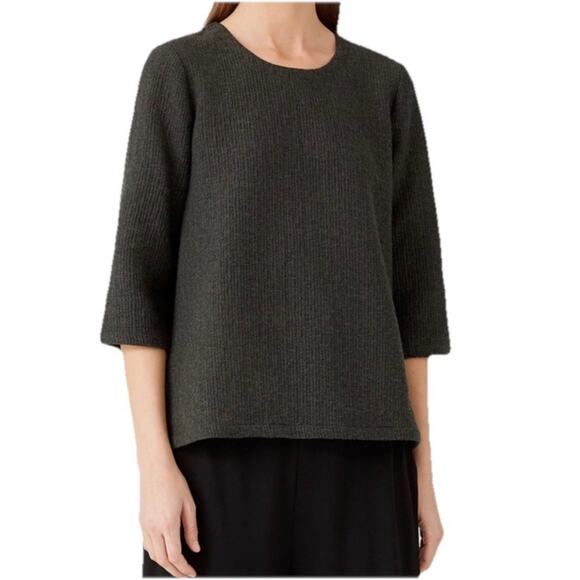 Eileen Fisher Textured Cotton‎ Ripple Round Neck Top In Seaweed Size Medium $248 - Picture 1 of 9